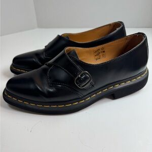 Dr. Martens Black Leather Monk Strap Flats with Yellow Stitching